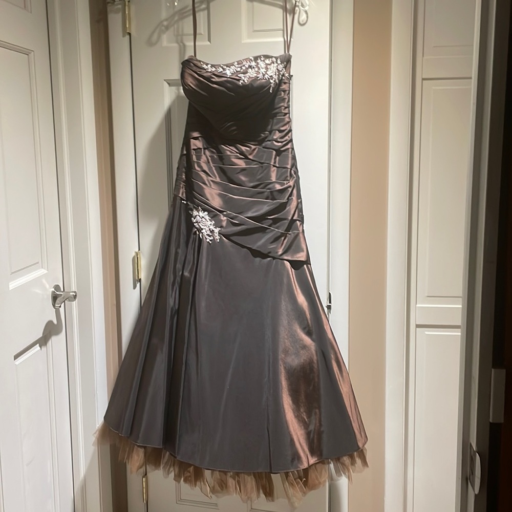 JOVANI Full Length, Mother of The Bride, Brown Sheen  and Rinestone Appliqué